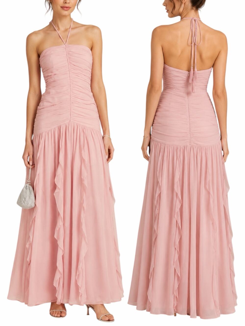 Veronica Beard Lucine Ruched Silk Halter Neck Maxi Dress Size 12